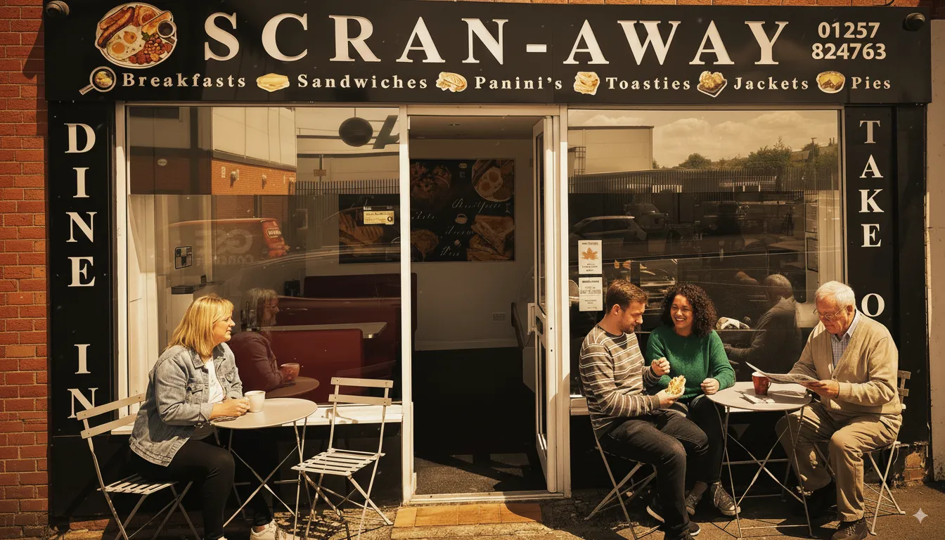 Scran Away Cafe exterior with people dining outside
